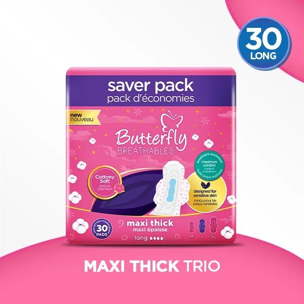 Butterfly Breathables Maxi Thick Cottony Sanitary Pads Long Trio Pack 30 Pcs