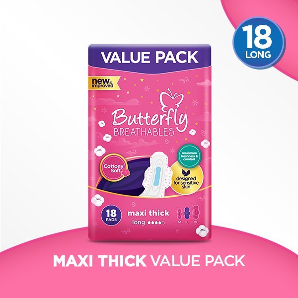 Butterfly Breathables Maxi Thick Cottony Sanitary Pads Long Value Pack 18 Pcs