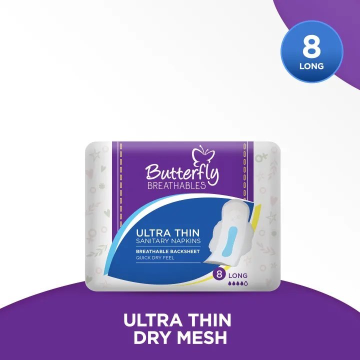 Butterfly Breathables Ultra-Thin Dry Mesh Sanitary Pads Long 8 Pcs