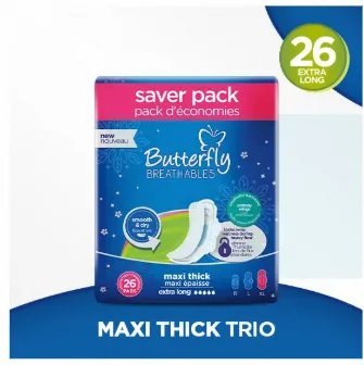 Butterfly Breathables Maxi Thick Fabric Soft Sanitary Pads Extra Long Trio Pack 26 Pcs FOC