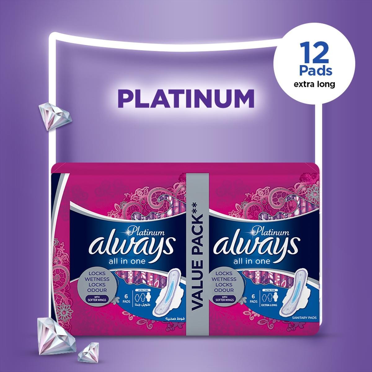 Always Platinum Sanitary Pads Extra Long Value Pack 12 Pads