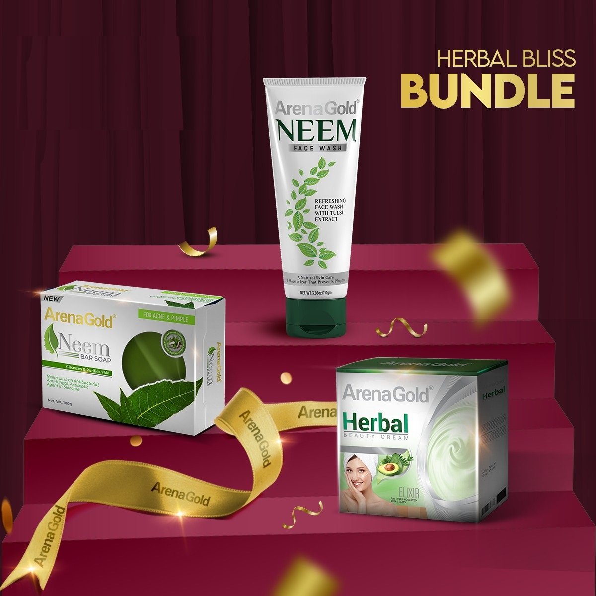 Arena Gold Herbal Beauty Bliss Bundle (Neem Face Wash + Neem Soap + Herbal Cream)