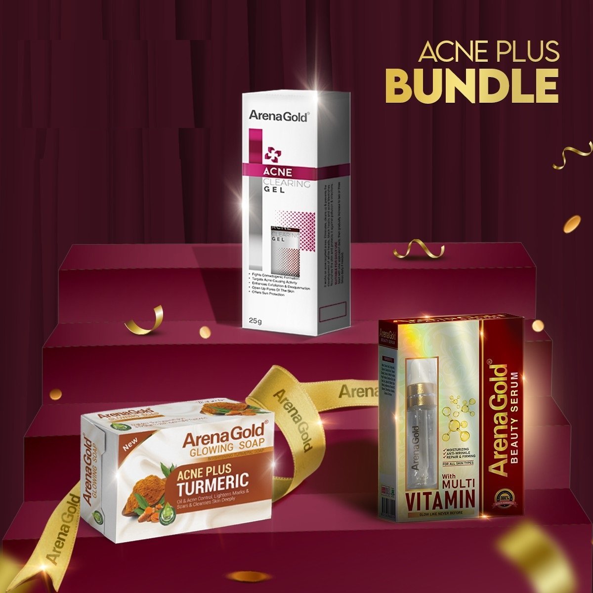 Arena Gold Acne Plus Bundle (Acne Cleanser Gel + Turmeric Soap + Beauty Serum)