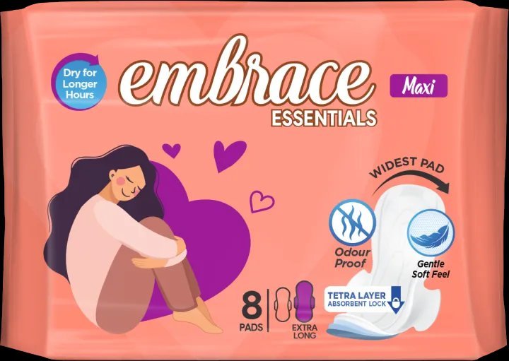 Embrace Essential Maxi Thick Sanitary Pads Extra Long (8 Pads)