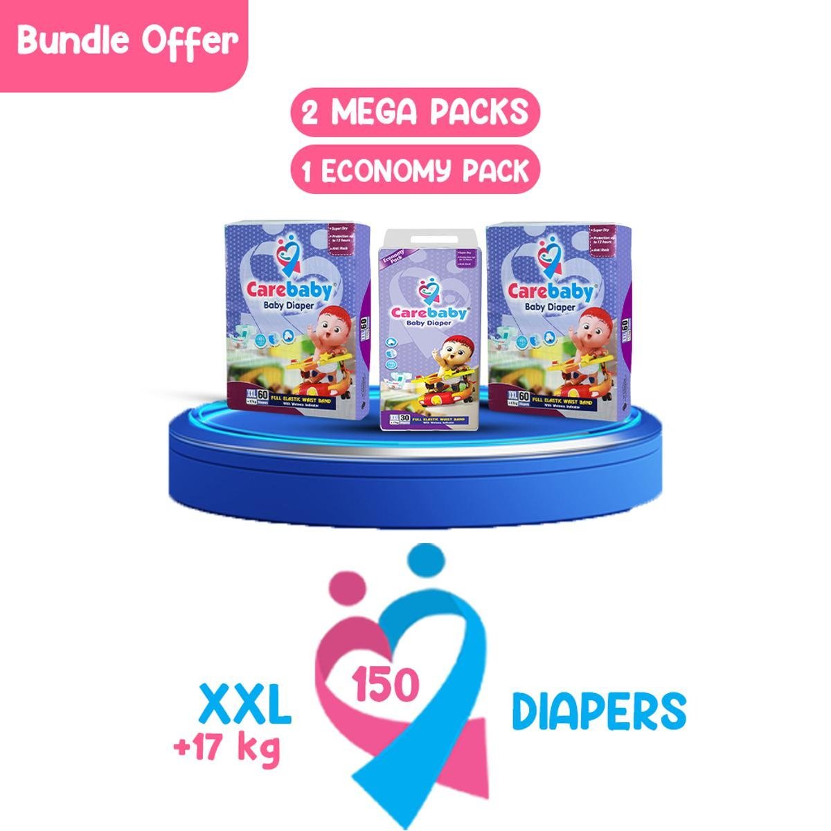 Carebaby Diapers (2 Mega Pack & 1 Economy Pack) Xx-Large Size 150 Count
