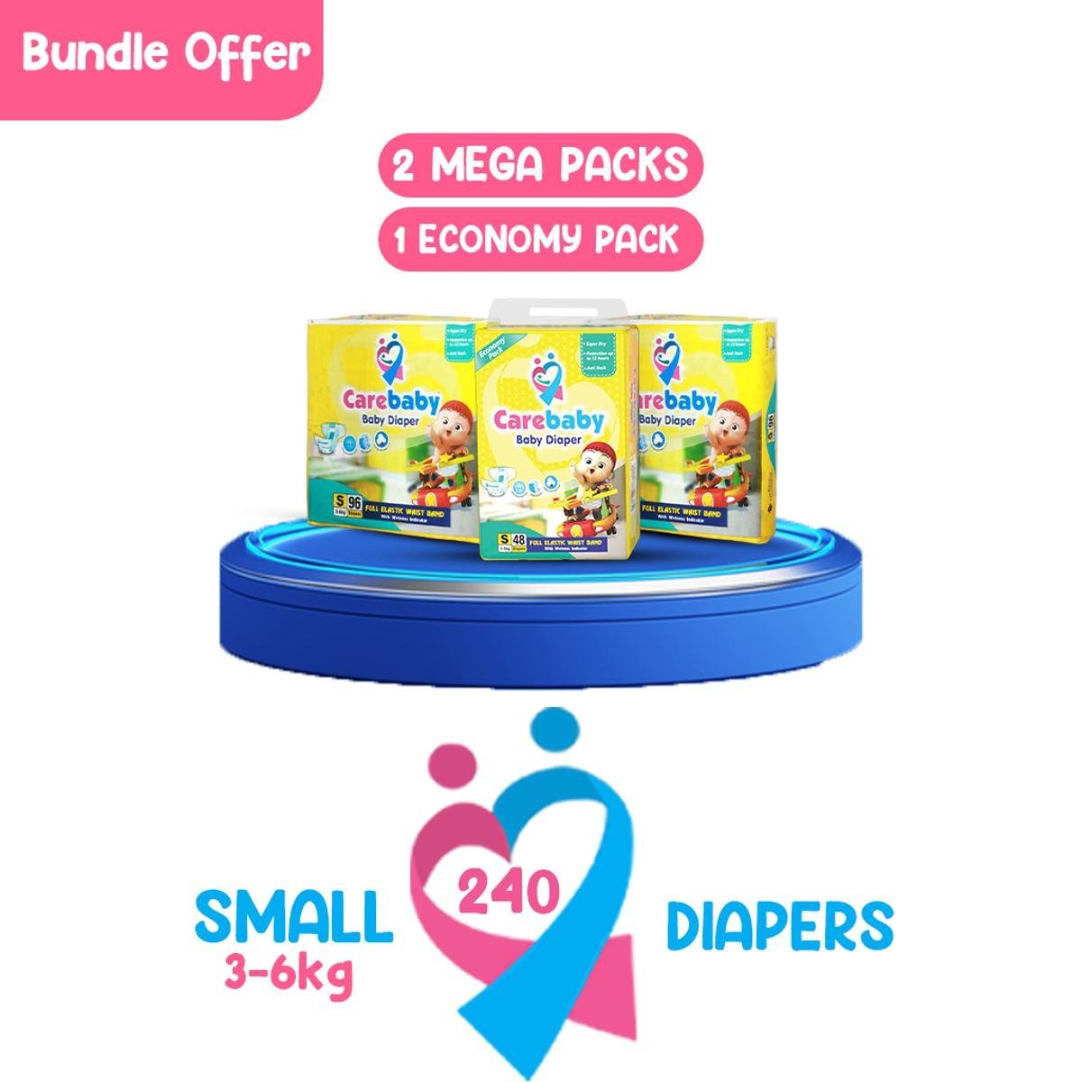 Carebaby Diapers (2 Mega Pack & 1 Economy Pack) Small Size 240 Count