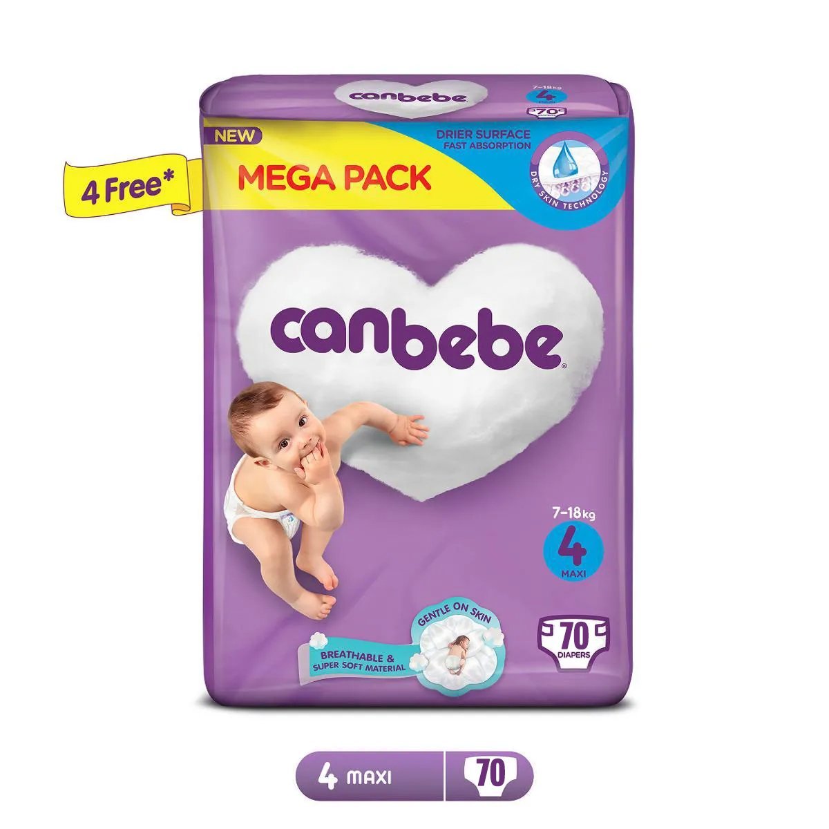Canbebe Comfort Dry Diapers Mega Pack Maxi Size 4- 70 Pcs (7 To 18 Kg)