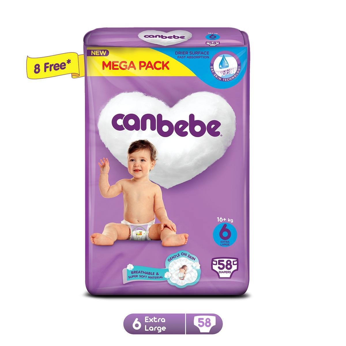 Canbebe Comfort Dry Diapers Mega Pack Extra Large Size 6- 58 Pcs (16+ Kg)