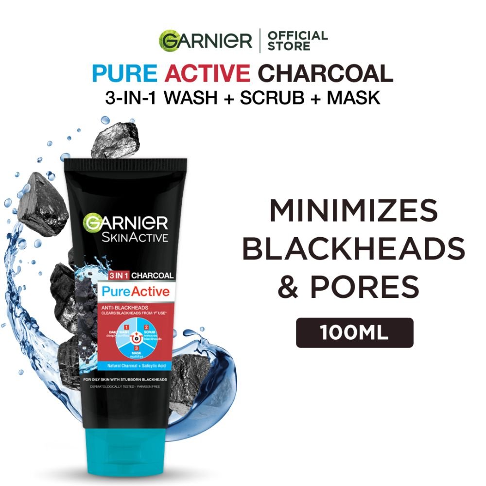 Garnier Skin Active Pure Active Anti-Blackheads 3-In-1 Daily Wash + Scrub + Mask (100ml) Dissolve Dirt And Impurities
