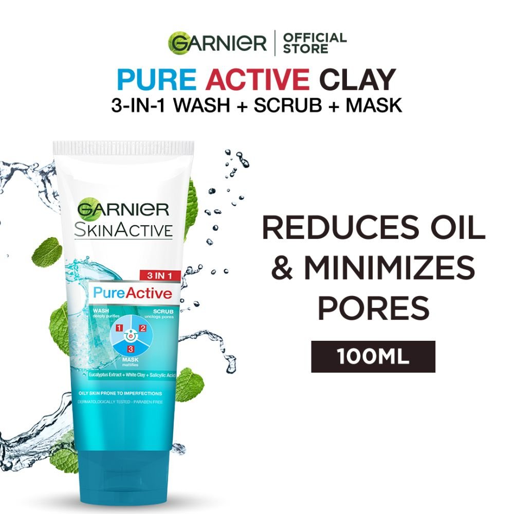 Garnier Skin Active Pure Active 3-In-1 Wash + Scrub +Mask, For Oily Skin (100ml) Dissolve Dirt And Impurities