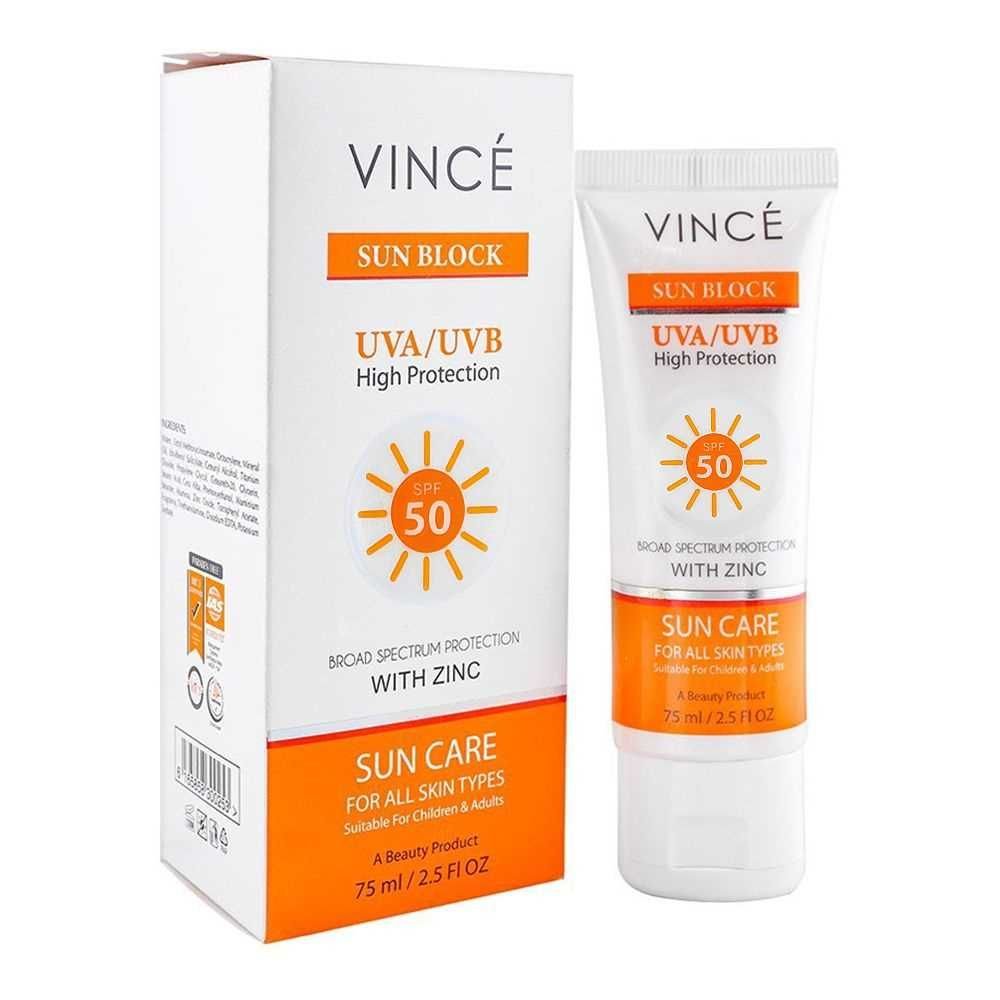 Vince Sun Block Uva & Uvb High Protection Spf-50 With Zinc Sun Care, For All Skin Types (75ml)