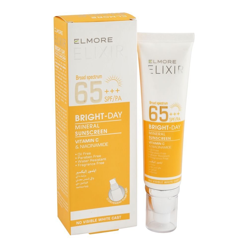 Elmore Elixir Mineral Sunscreen With Vitamin-C, Broad Spectrum, Spf-65, Pa+++, Oil & Paraben Free, Water Resistant (100ml)