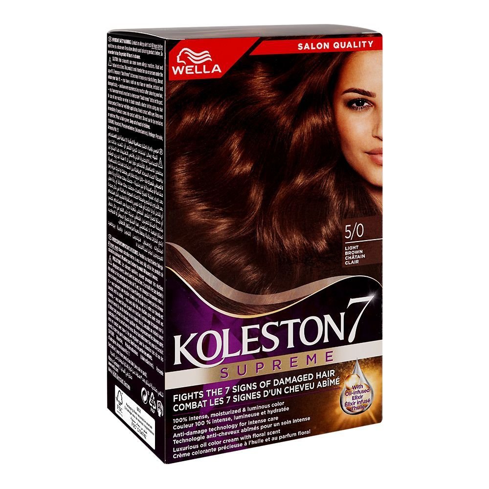 Wella Koleston 7 Supreme Hair Color Cream Kit Phenylenediamines Hydrogen Peroxide Argan Oil For Damaged Hair 5/0 Light Brown
