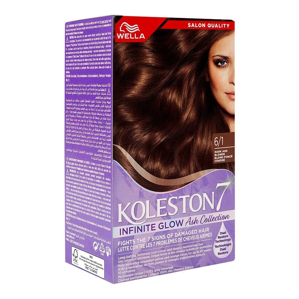 Wella Koleston 7 Infinite Glow Ash Collection Hair Color Cream Kit Phenylenediamines Hydrogen Peroxide For Damaged Hair 6/1 Dark Ash Blonde