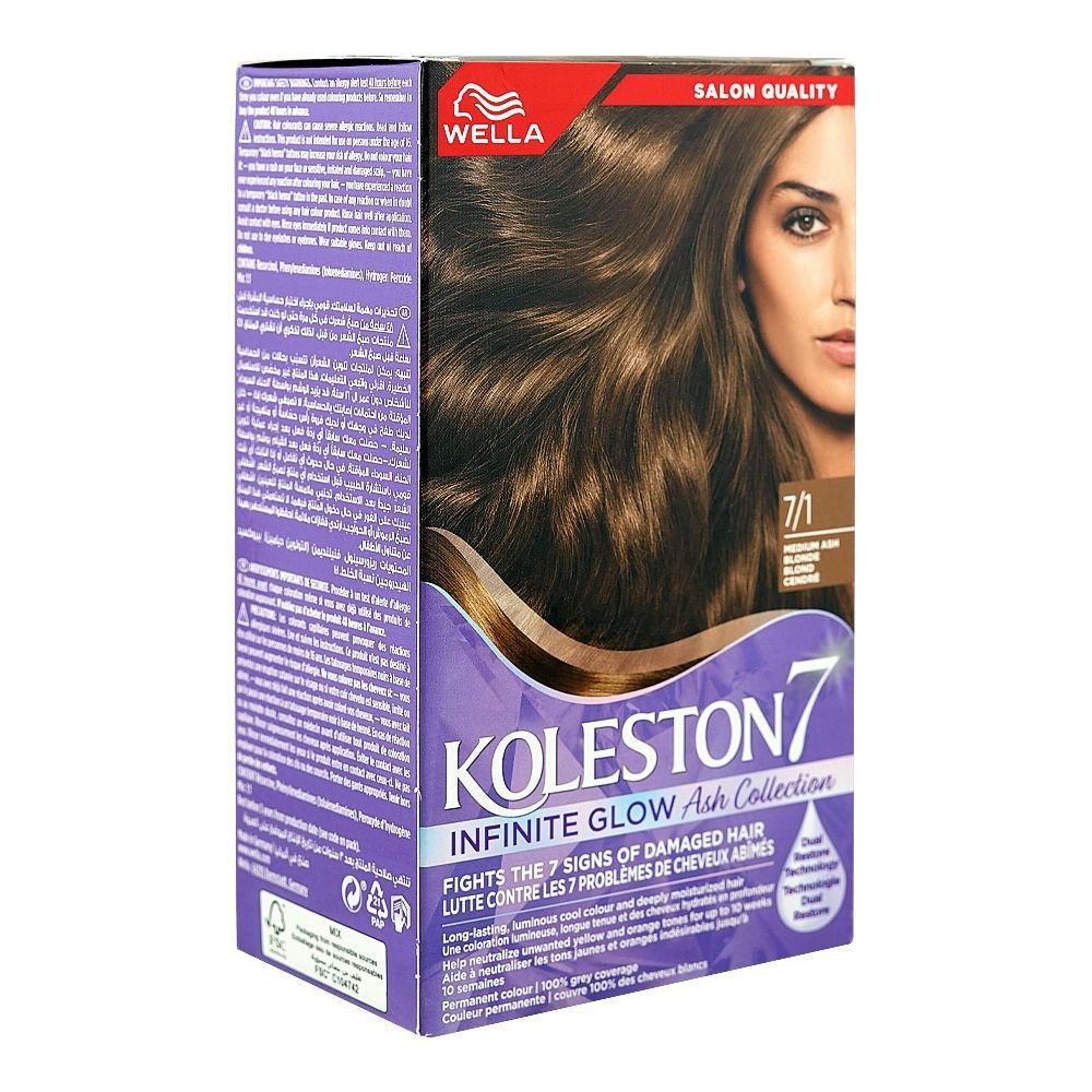 Wella Koleston 7 Infinite Glow Ash Collection Hair Color Cream Kit Phenylenediamines Hydrogen Peroxide For Damaged Hair 7/1 Medium Ash Blonde