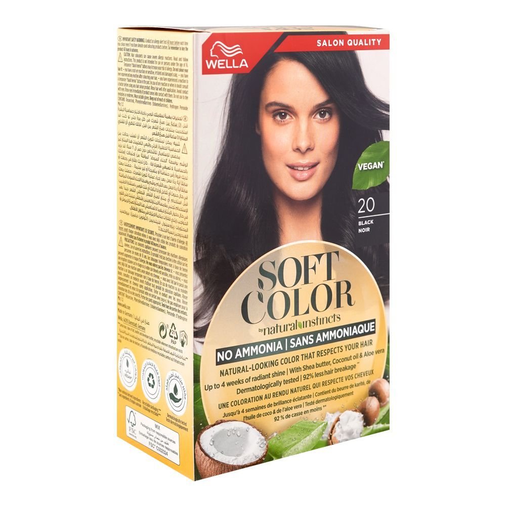 Wella Soft Color No Ammonia Hair Color Shea Butter + Coconut Oil + Aloe Vera Vegan 20 Black Noir
