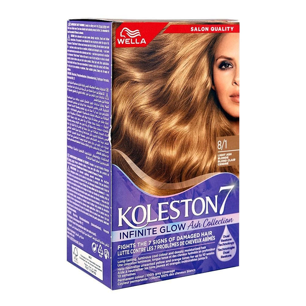 Wella Koleston 7 Infinite Glow Ash Collection Color Cream Kit Phenylenediamines Hydrogen Peroxide For Damaged Hair 8/1 Light Ash Blonde