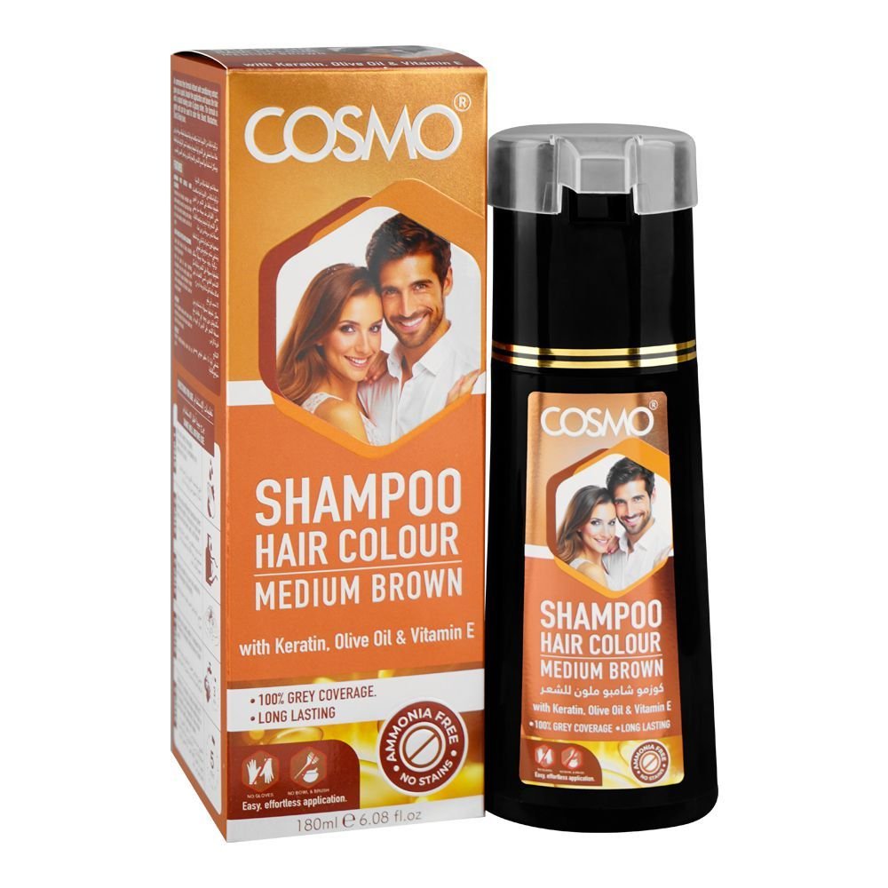 Cosmo Hair Color Shampoo, Ammonia Free, No Stains, Medium Brown (180ml)