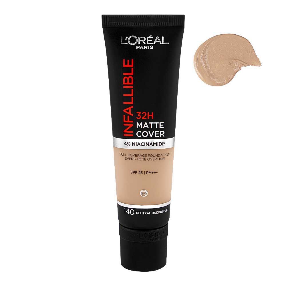 Loreal Paris Infallible 32h-Matte Cover Foundation, 4% Niacinamide, Spf25 Pa+++ 140 Neutral Undertone (30ml)