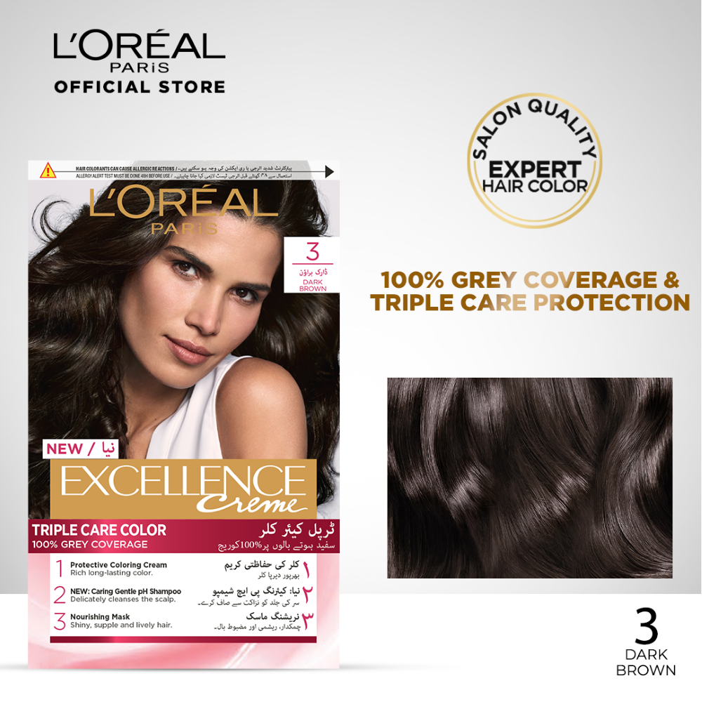 Loreal Excellence Creme Hair Color Dark Brown 3, Triple Protection Seals, Replenishes & Conditions