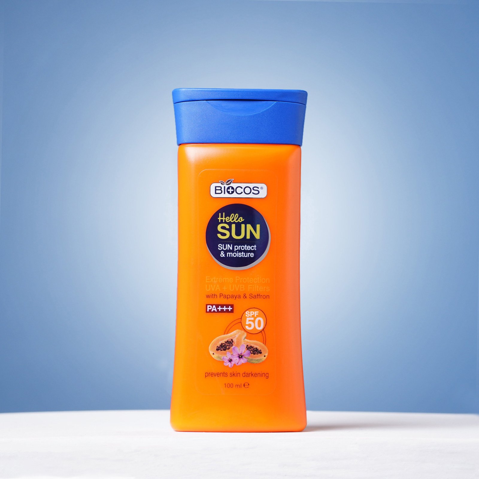 Biocos Papaya & Saffron Sunscreen Lotion Spf 50 Ultra Hydration With Hyaluronic Acid Natural Radiance With Vitamin E Broad Spectrum Protection Water Resistant (100ml)