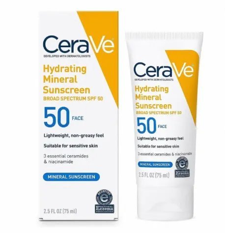 Cerave Hydrating Mineral Sunscreen Spf 50 (75ml) Sunblock Lotion Broad Spectrum Uva Uvb Protection Moisturizing Face And Body Sunscreen Developed With Dermatologists