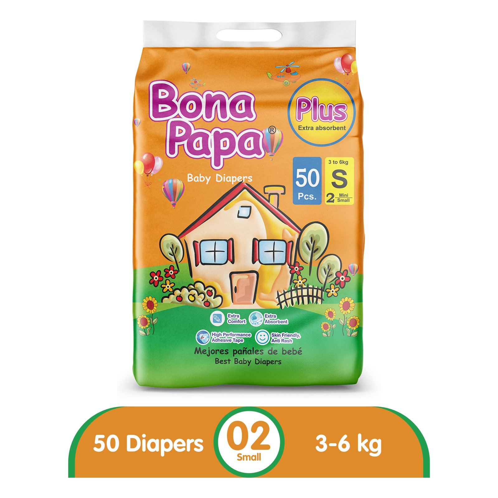 Bona Papa Plus Diapers | Plus Economy Pack Small Size 2 | 50 Pcs | 3| (6kg)