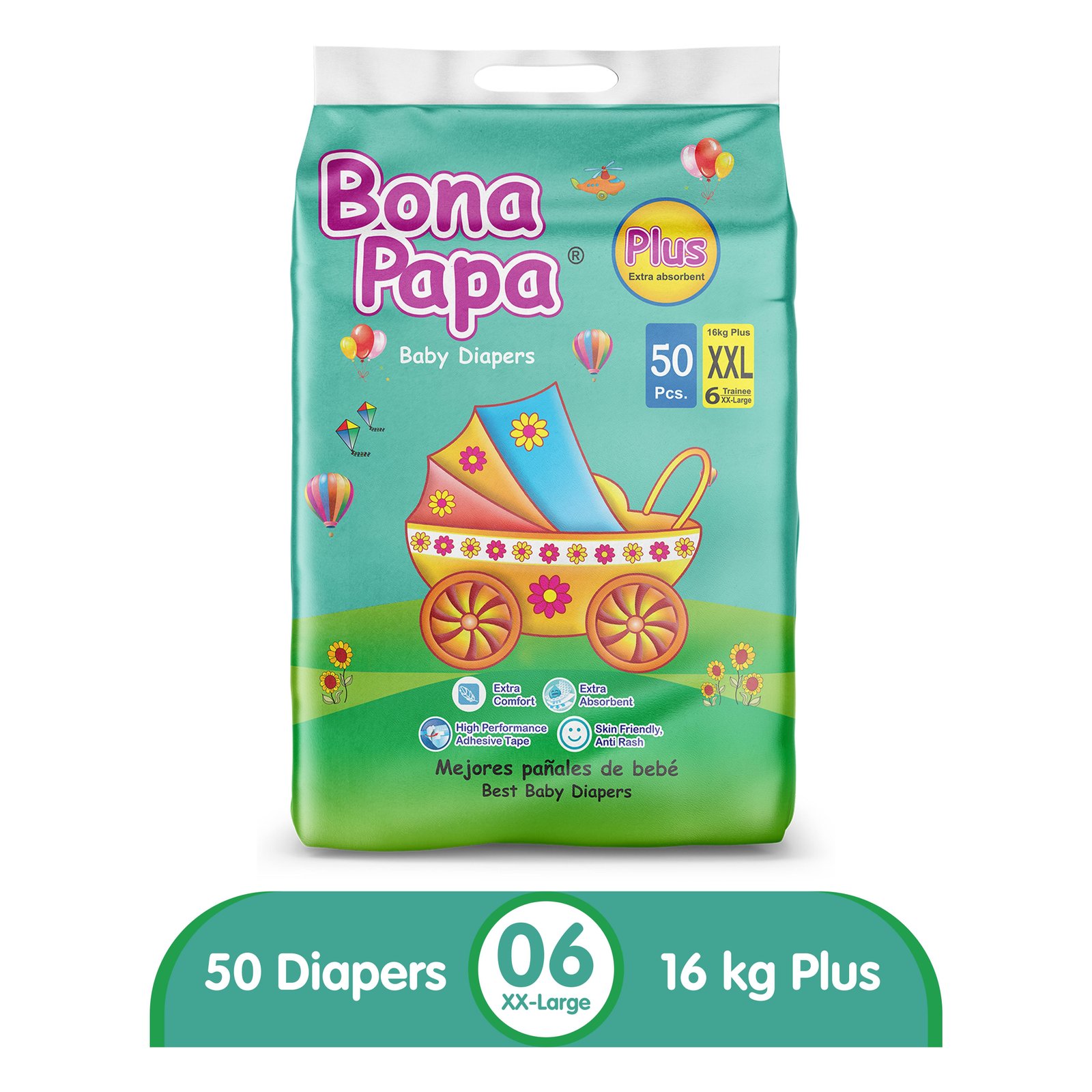 Bona Papa Plus Diapers | Plus Economy Pack Xxl Size 6 | 50 Pcs | (16kg) Plus