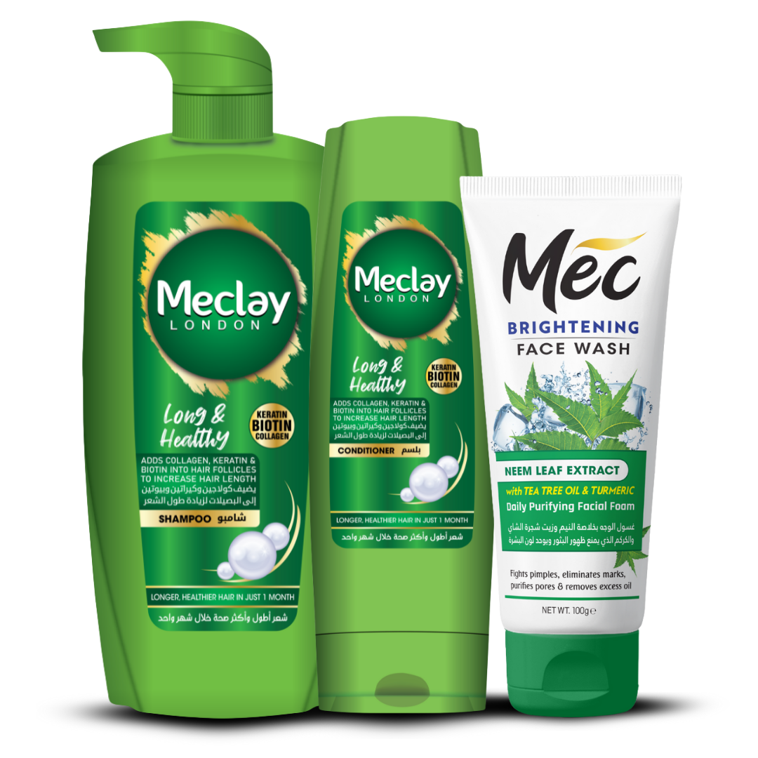 Meclay London Long & Healthy Shampoo (660ml) With Conditioner (180ml) + Mec Neem Extract Face Wash Pair Box (Save Rupees 250)