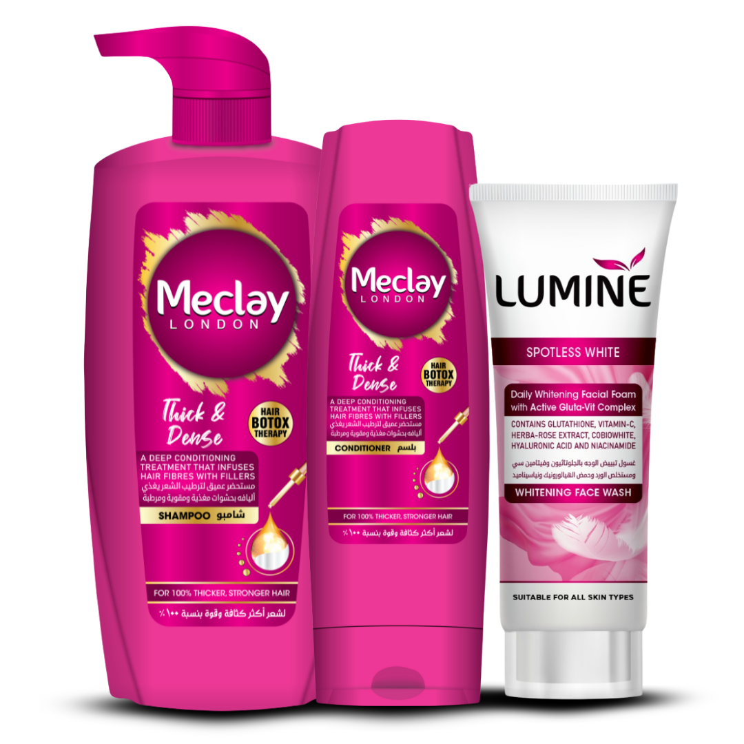 Meclay London Thick & Dense Shampoo (660ml) With Conditioner (180ml) + Lumine Spotless White Face Wash Pair Box (Save Rupees 250)