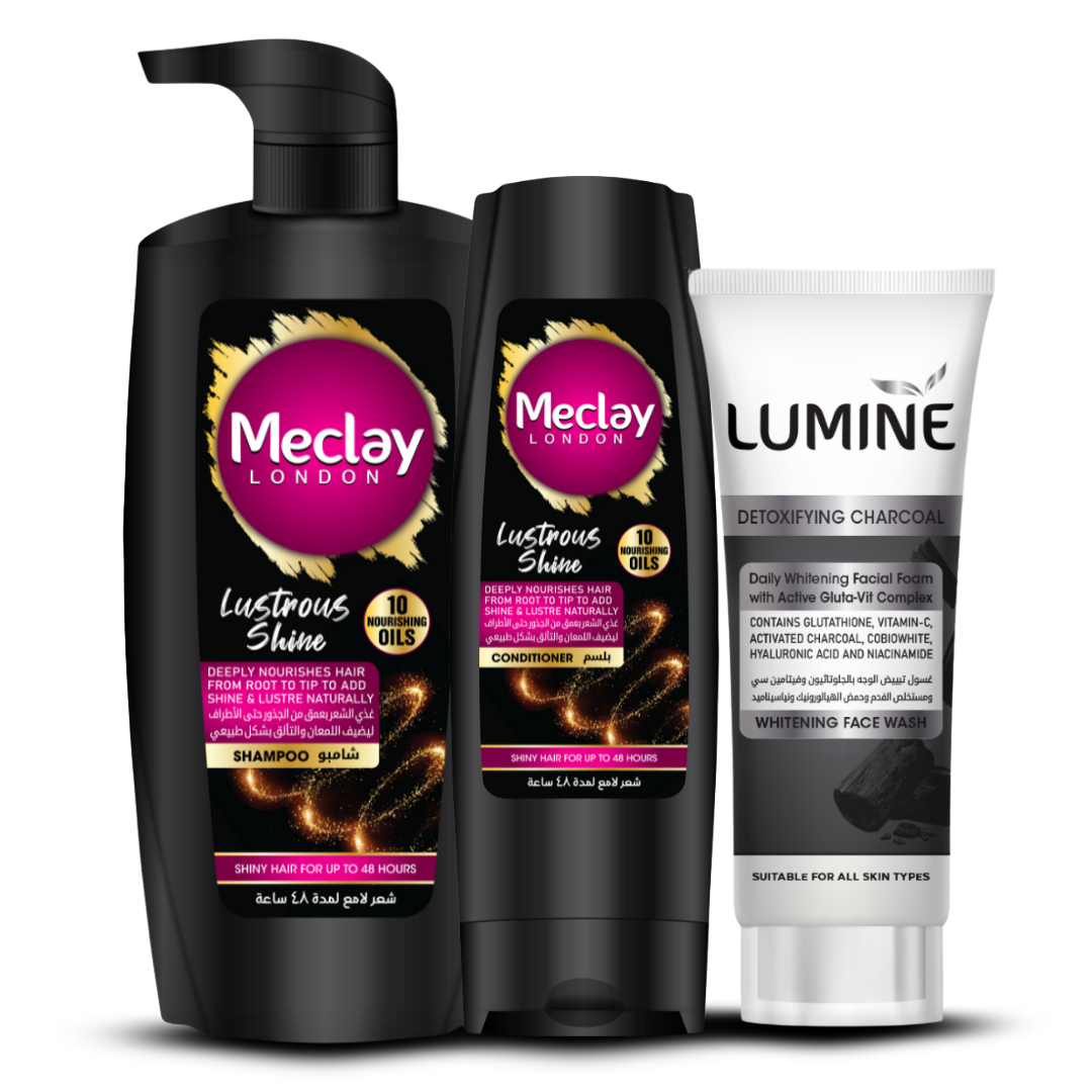 Meclay London Lustrous Shine Shampoo (660ml) With Conditioner (180ml) + Lumine Detoxifying Charcoal Face Wash Pair Box (Save Rupees 250)
