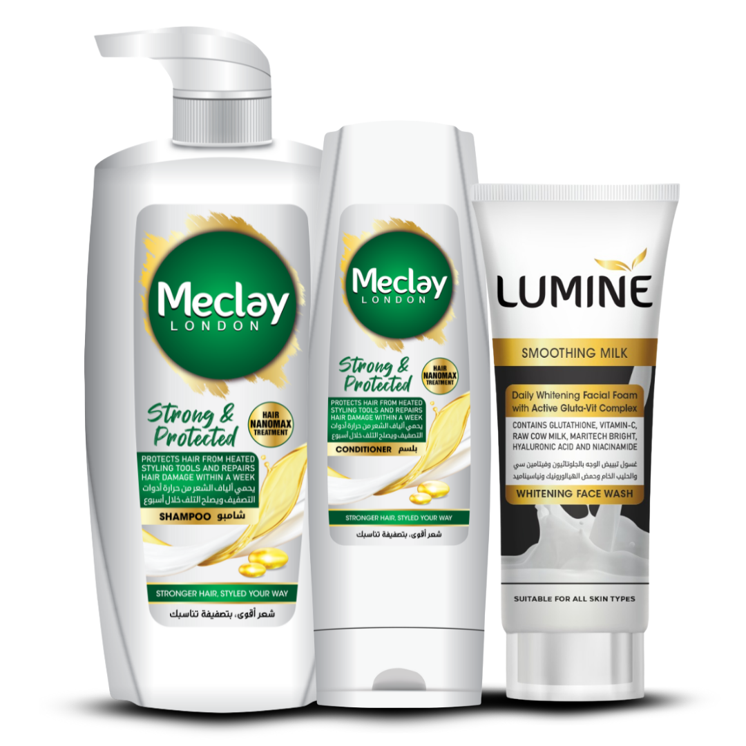 Meclay London Strong & Healthy Shampoo (660ml) With Conditioner (180ml) + Lumine Smoothing Milk Face Wash Pair Box (Save Rupees 250)