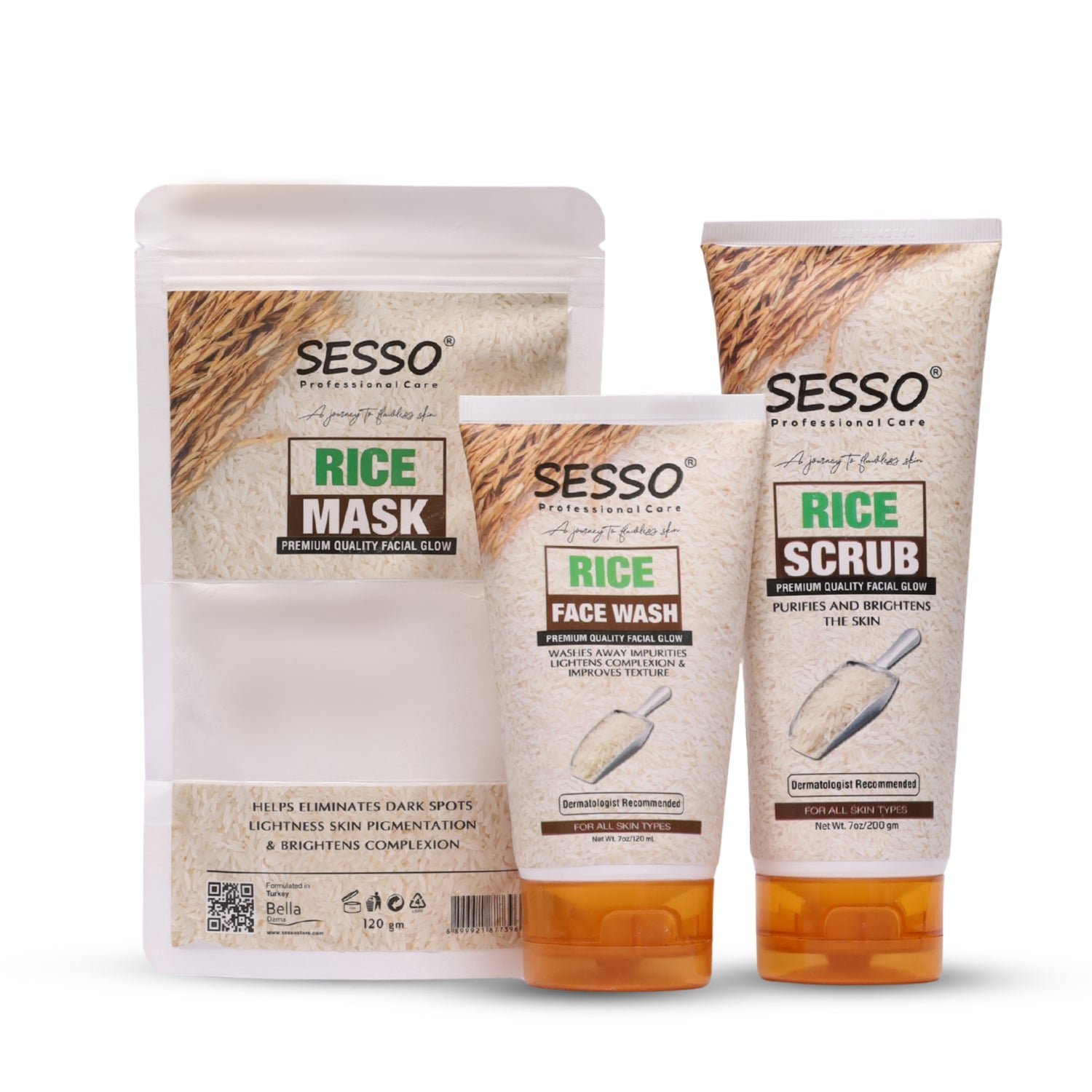 Sesso Rice Kit (Rice Mask + Rice Face Wash + Rice Scrub)