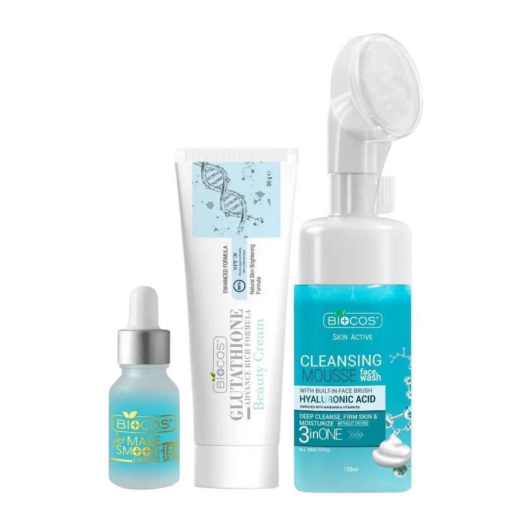 Biocos Brightening Essentials Kit | Glutathione Beauty Cream Acne | Fighting Mousse & Hydrating Multi | Serum – Brighten Clear And Hydrate Your Skin For A Radiant Even Complexion