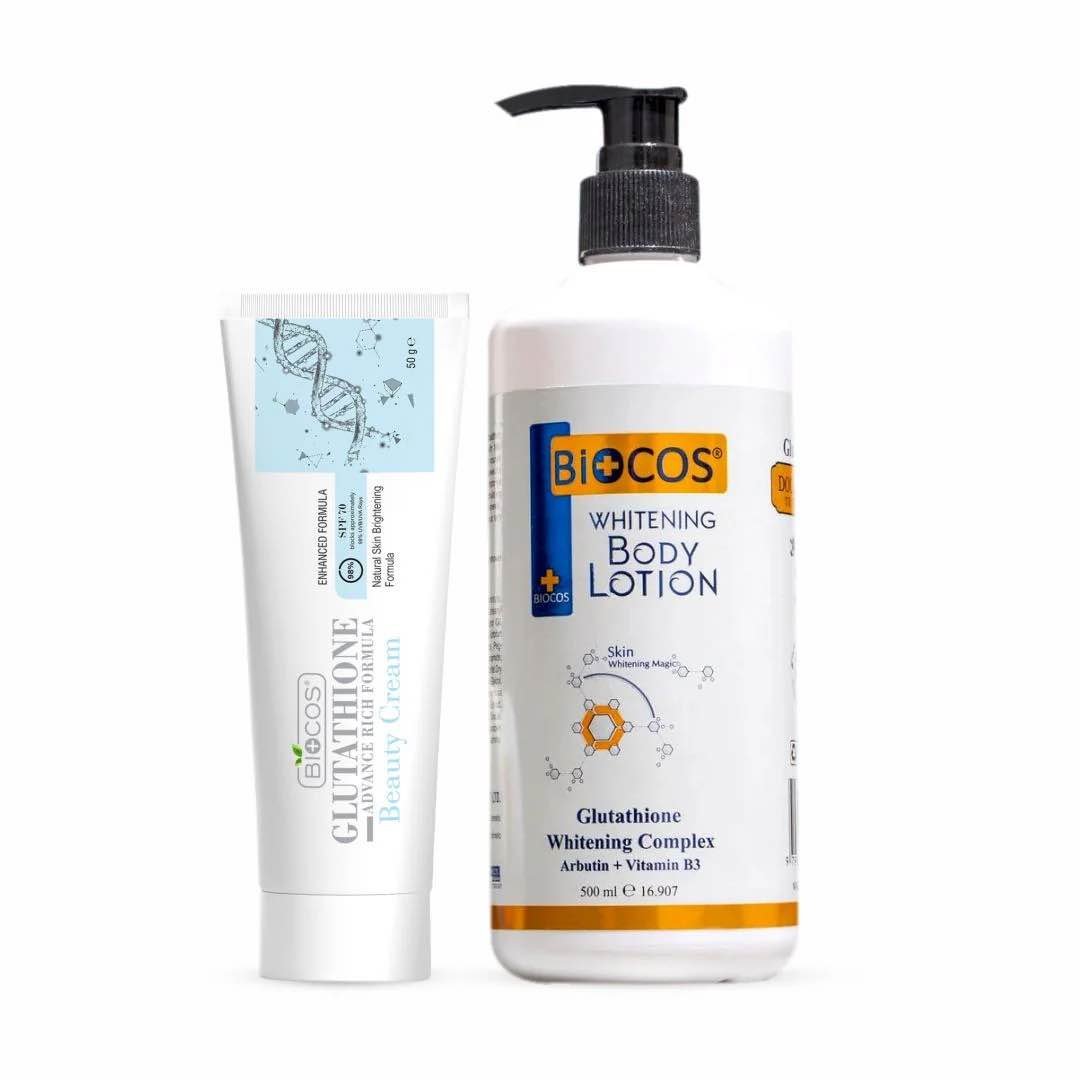 Biocos Whitening Bundle | Body Lotion – Hydrates & Moisturizes Boosts Collagen Repairs Dry Skin & Glutathione Beauty Cream – Brighten & Rejuvenate Skin For A Radiant Glow